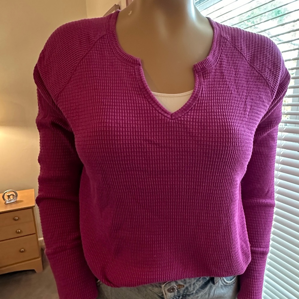 Knox Rose Woman's Long Sleeve Notch Neck Waffle knit Top PINK